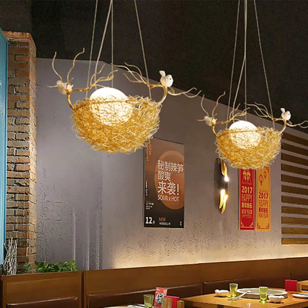 Art Deco Gold Nest Pendant Light With 2 Birds - Metal Hanging Ceiling For Restaurants