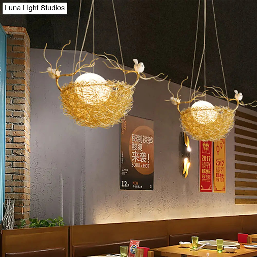 Art Deco Gold Nest Pendant Light With 2 Birds - Elegant Metal Ceiling For Restaurants