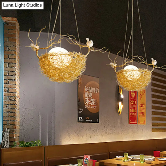 Art Deco Gold Nest Pendant Light With 2 Birds - Elegant Metal Ceiling For Restaurants