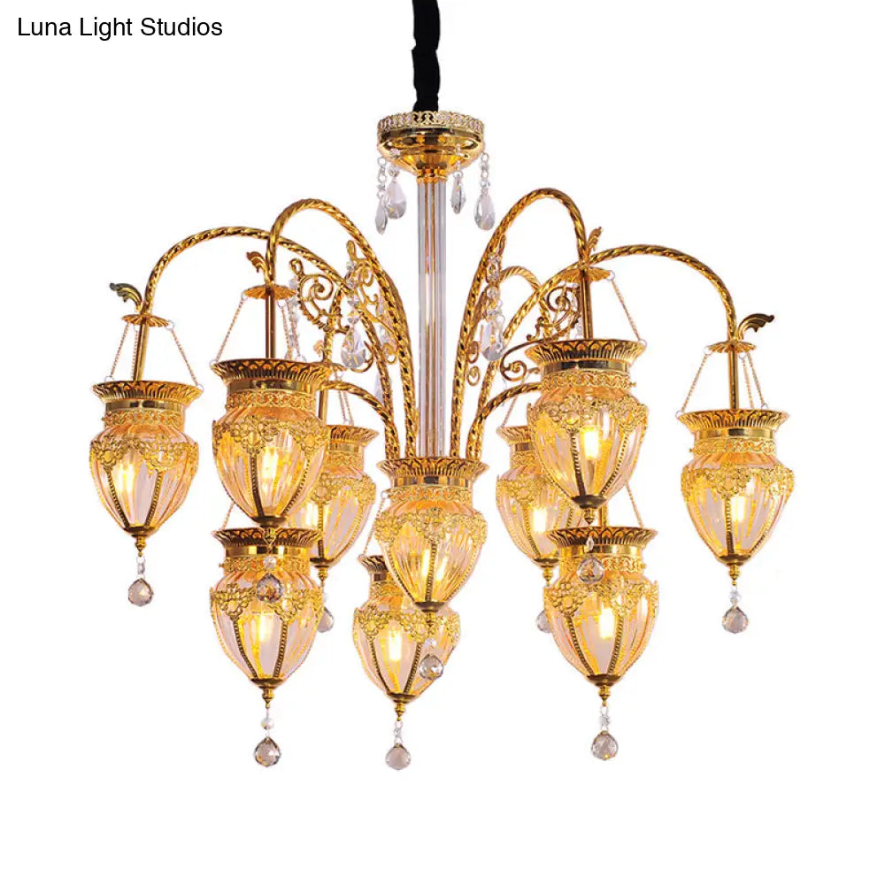 Art Deco Gold Urn Chandelier With Prismatic Glass & Crystal Accent - 10 Heads Living Room Pendant