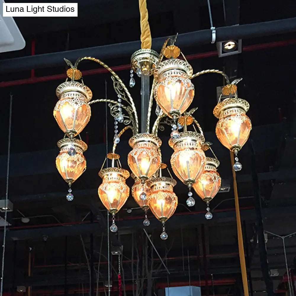 Art Deco Gold Urn Chandelier With Prismatic Glass & Crystal Accent - 10 Heads Living Room Pendant