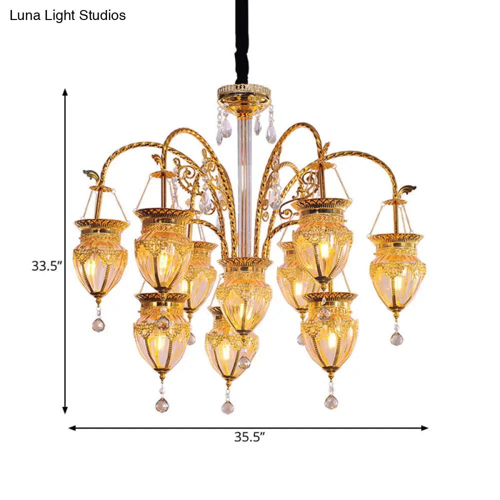 Art Deco Gold Urn Chandelier With Prismatic Glass & Crystal Accent - 10 Heads Living Room Pendant