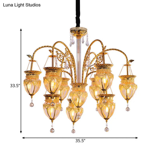 Art Deco Gold Urn Chandelier With Prismatic Glass & Crystal Accent - 10 Heads Living Room Pendant