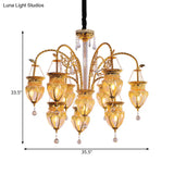 Art Deco Gold Urn Chandelier With Prismatic Glass & Crystal Accent - 10 Heads Living Room Pendant