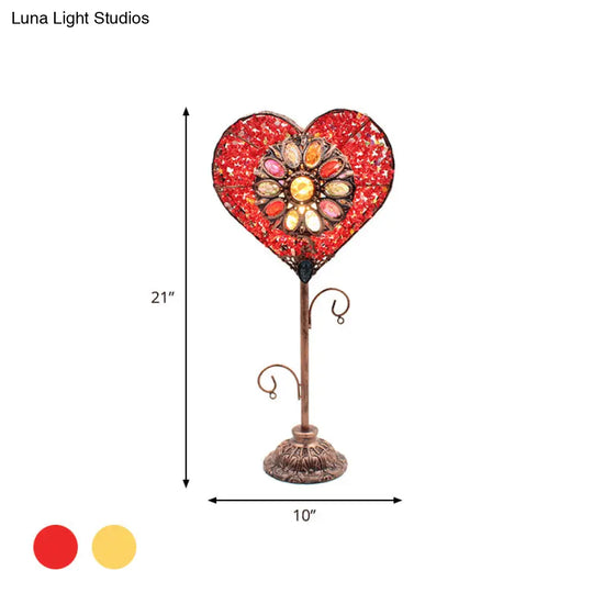 Art Deco Heart-Shaped Red/Yellow Metal Table Lamp: Nightstand Lighting For Living Room