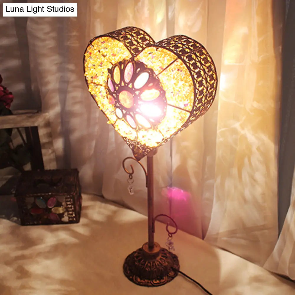 Art Deco Heart-Shaped Red/Yellow Metal Table Lamp: Nightstand Lighting For Living Room