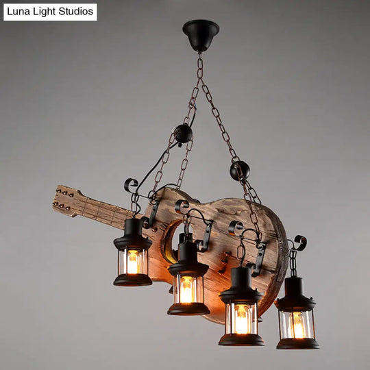 Art Deco Industrial Guitar Pendant Light With Wood And Black Metal Finish