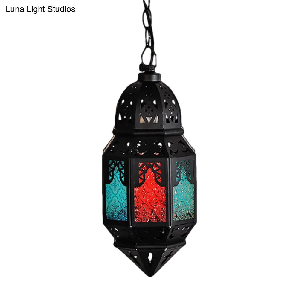 Art Deco Lantern Pendant Lamp In Black Metallic Hanging Lighting For Living Room - 1 Head 5/5.5/9.5