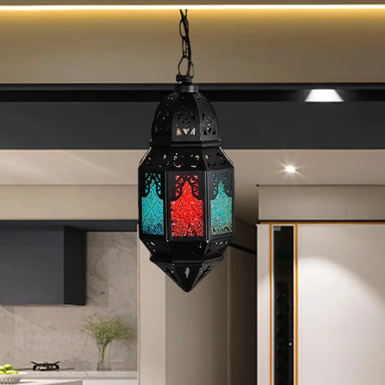 Art Deco Lantern Pendant Lamp In Black Metallic Hanging Lighting For Living Room - 1 Head 5/5.5/9.5