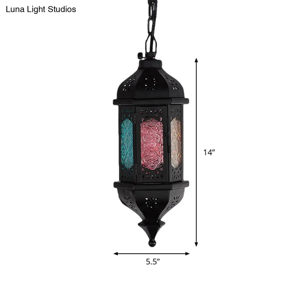 Art Deco Lantern Pendant Lamp In Black Metallic Hanging Lighting For Living Room - 1 Head 5/5.5/9.5