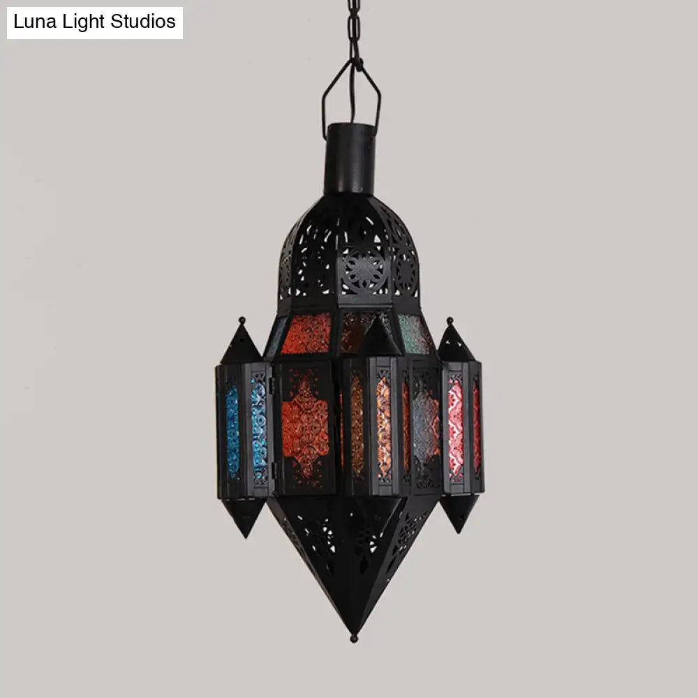 Art Deco Lantern Pendant Lamp In Black Metallic Hanging Lighting For Living Room - 1 Head 5/5.5/9.5