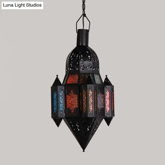 Art Deco Lantern Pendant Lamp In Black Metallic Hanging Lighting For Living Room - 1 Head 5/5.5/9.5