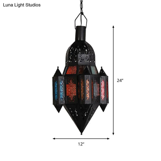 Art Deco Lantern Pendant Lamp In Black Metallic Hanging Lighting For Living Room - 1 Head 5/5.5/9.5