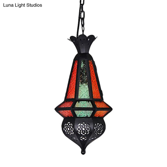 Art Deco Lantern Pendant Lamp In Black Metallic Hanging Lighting For Living Room - 1 Head 5/5.5/9.5