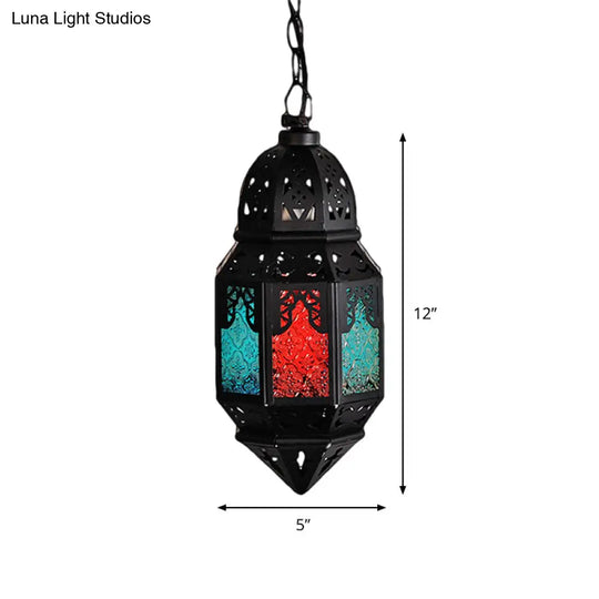 Art Deco Lantern Pendant Lamp In Black Metallic Hanging Lighting For Living Room - 1 Head 5/5.5/9.5