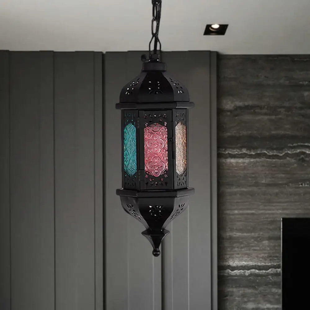 Art Deco Lantern Pendant Lamp In Black Metallic Hanging Lighting For Living Room - 1 Head 5/5.5/9.5