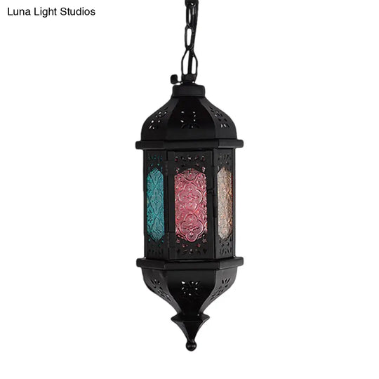 Art Deco Lantern Pendant Lamp In Black Metallic Hanging Lighting For Living Room - 1 Head 5/5.5/9.5