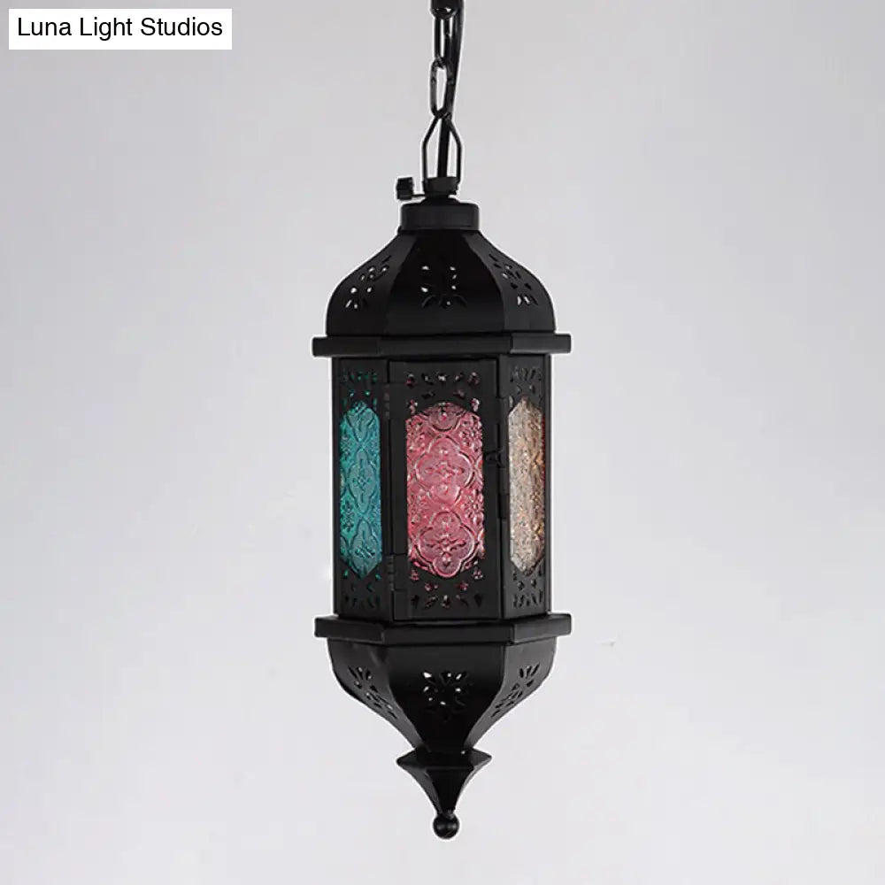 Art Deco Lantern Pendant Lamp In Black Metallic Hanging Lighting For Living Room - 1 Head 5/5.5/9.5