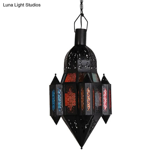 Art Deco Lantern Pendant Lamp In Black Metallic Hanging Lighting For Living Room - 1 Head 5/5.5/9.5