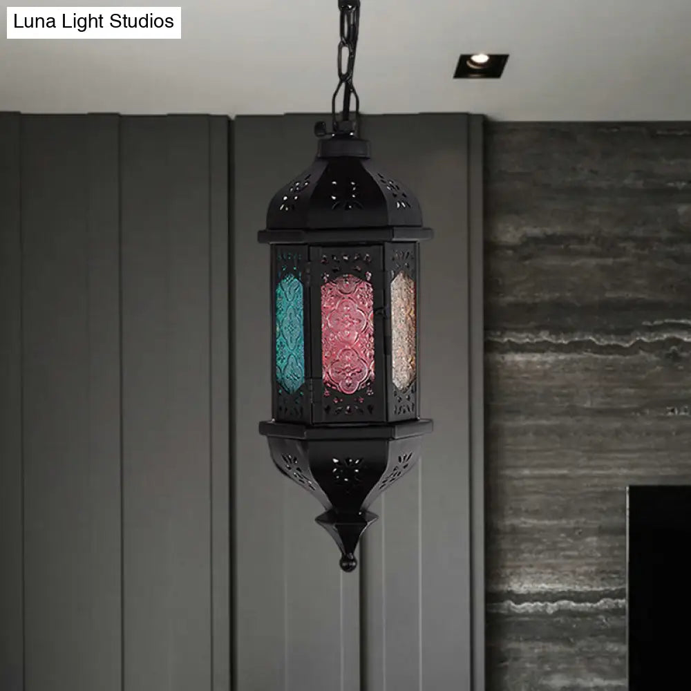 Art Deco Lantern Pendant Lamp In Black Metallic Hanging Lighting For Living Room - 1 Head 5/5.5/9.5