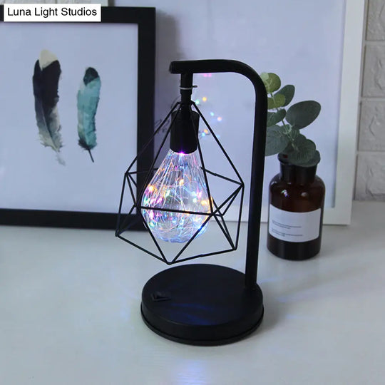 Art Deco Led Night Light For Kids Bedroom - Black Table Lamp With Diamond Iron Cage Design