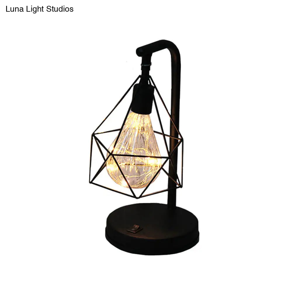 Art Deco Led Night Light For Kids Bedroom - Black Table Lamp With Diamond Iron Cage Design