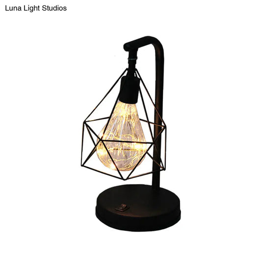 Art Deco Led Night Light For Kids Bedroom - Black Table Lamp With Diamond Iron Cage Design