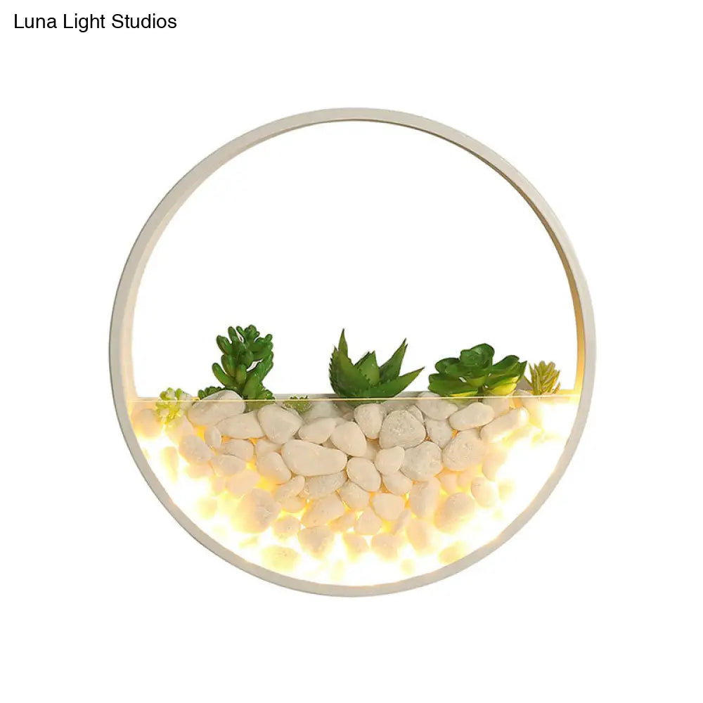 Art Deco Metal Halo Led Sconce Light - Wall Mounted With Cobblestone And Imitation Plant