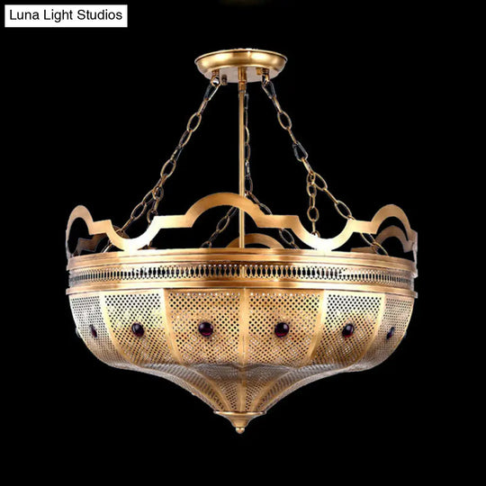 Art Deco Metal Hollow Brass Semi Flush Mount Ceiling Lamp - 6 Lights Living Room Lighting