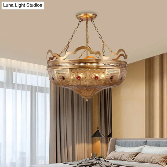 Art Deco Metal Hollow Brass Semi Flush Mount Ceiling Lamp - 6 Lights Living Room Lighting