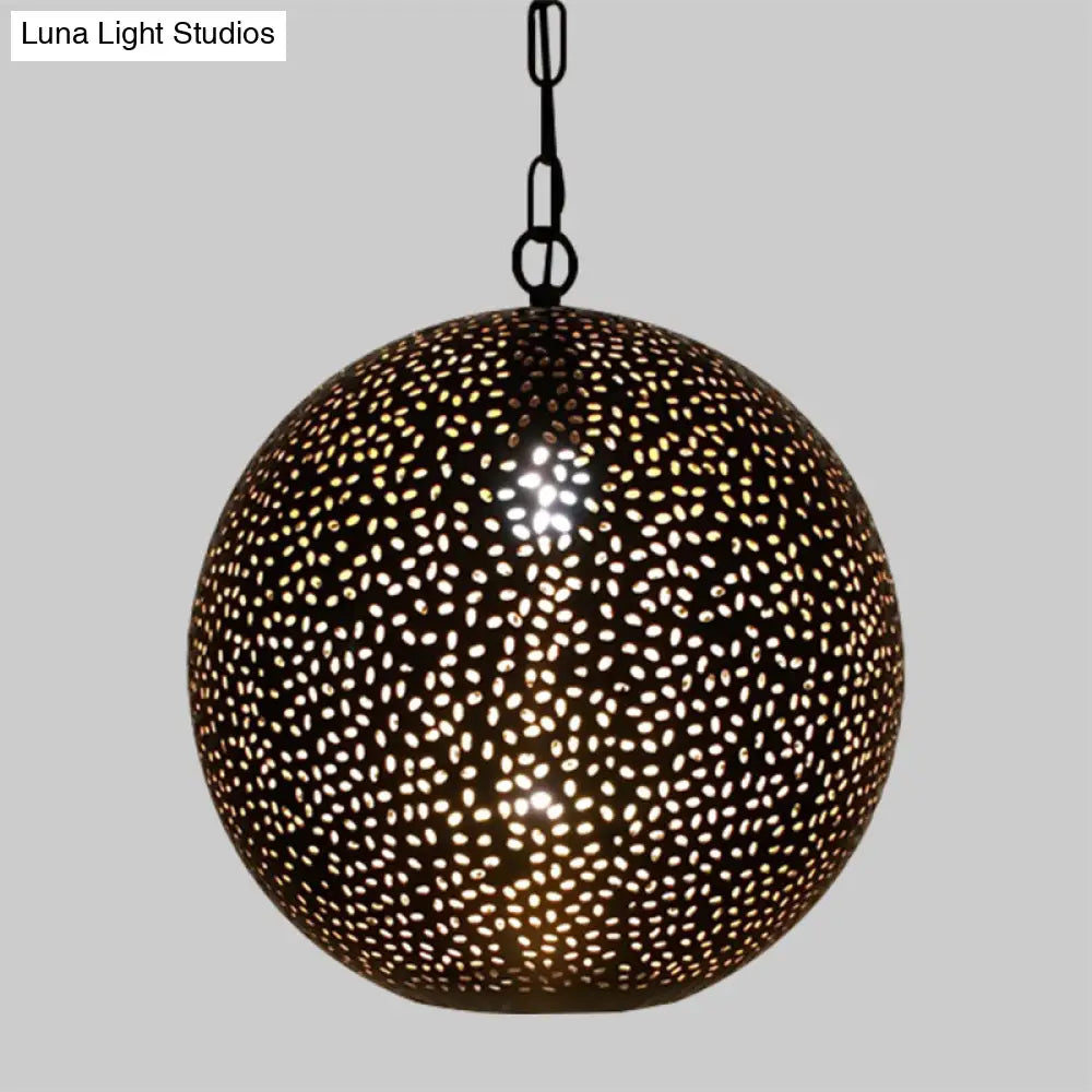 Art Deco Metallic Pendant With Hollow Out Design For Restaurants - Black Ball Shade 1-Bulb Ceiling