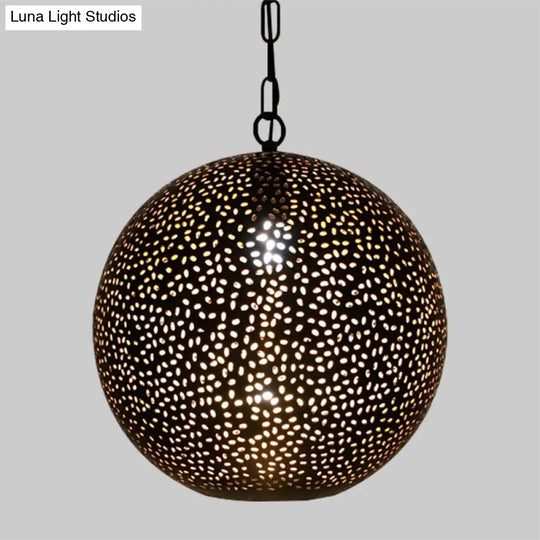 Art Deco Metallic Pendant With Hollow Out Design For Restaurants - Black Ball Shade 1-Bulb Ceiling