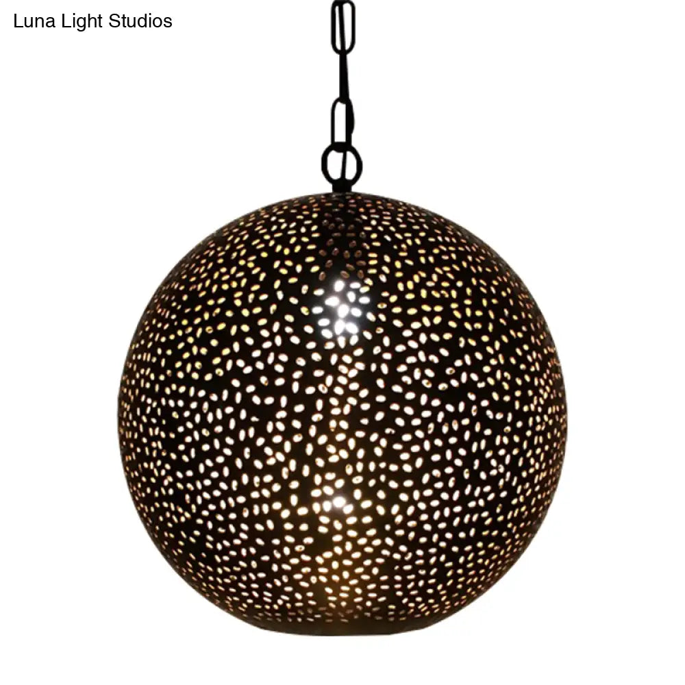 Art Deco Metallic Pendant With Hollow Out Design For Restaurants - Black Ball Shade 1-Bulb Ceiling