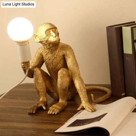 Art Deco Monkey Statuette Night Light: Resin Table Lamp With Bare Bulb For Bedroom