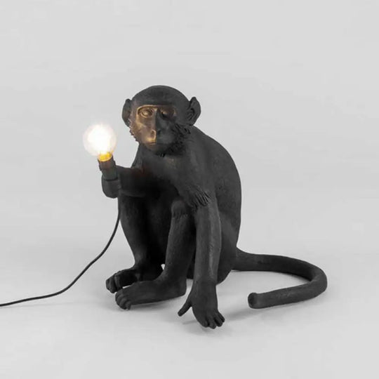 Art Deco Monkey Statuette Night Light: Resin Table Lamp With Bare Bulb For Bedroom Black