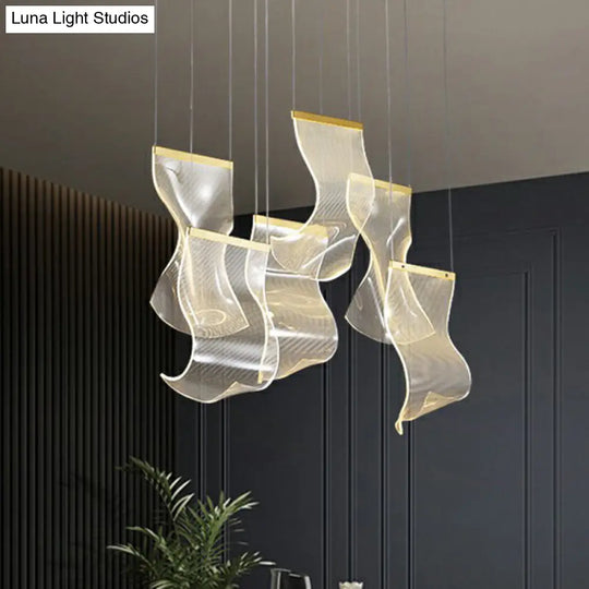 Art Deco Clear Led Pendant Light For Dining Room - Curl Acrylic Multi-Light Design / White