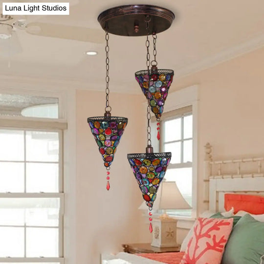 Art Deco Rust Metal Pendant Light With Conical Cluster & Canopy For Bedroom