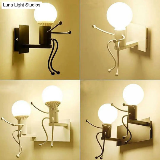 Art Deco Small Man Metal Wall Sconce Light: 1/2-Bulb White Mount For Kids Room