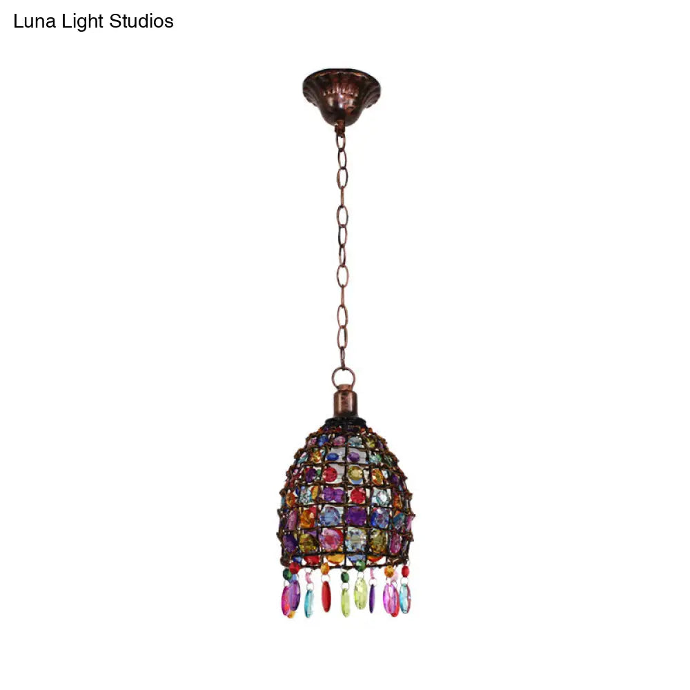 Art Deco Stained Glass Dome Ceiling Light Rust Pendant - 1-Light Drop Design For Restaurant