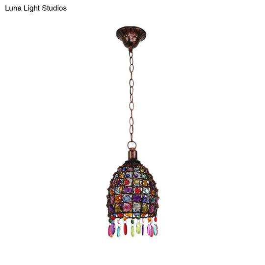 Art Deco Stained Glass Dome Ceiling Light Rust Pendant - 1-Light Drop Design For Restaurant