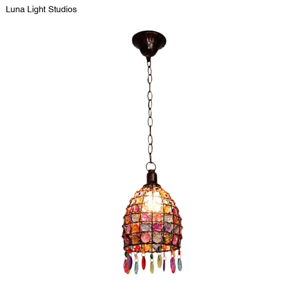 Art Deco Stained Glass Dome Ceiling Light Rust Pendant - 1-Light Drop Design For Restaurant