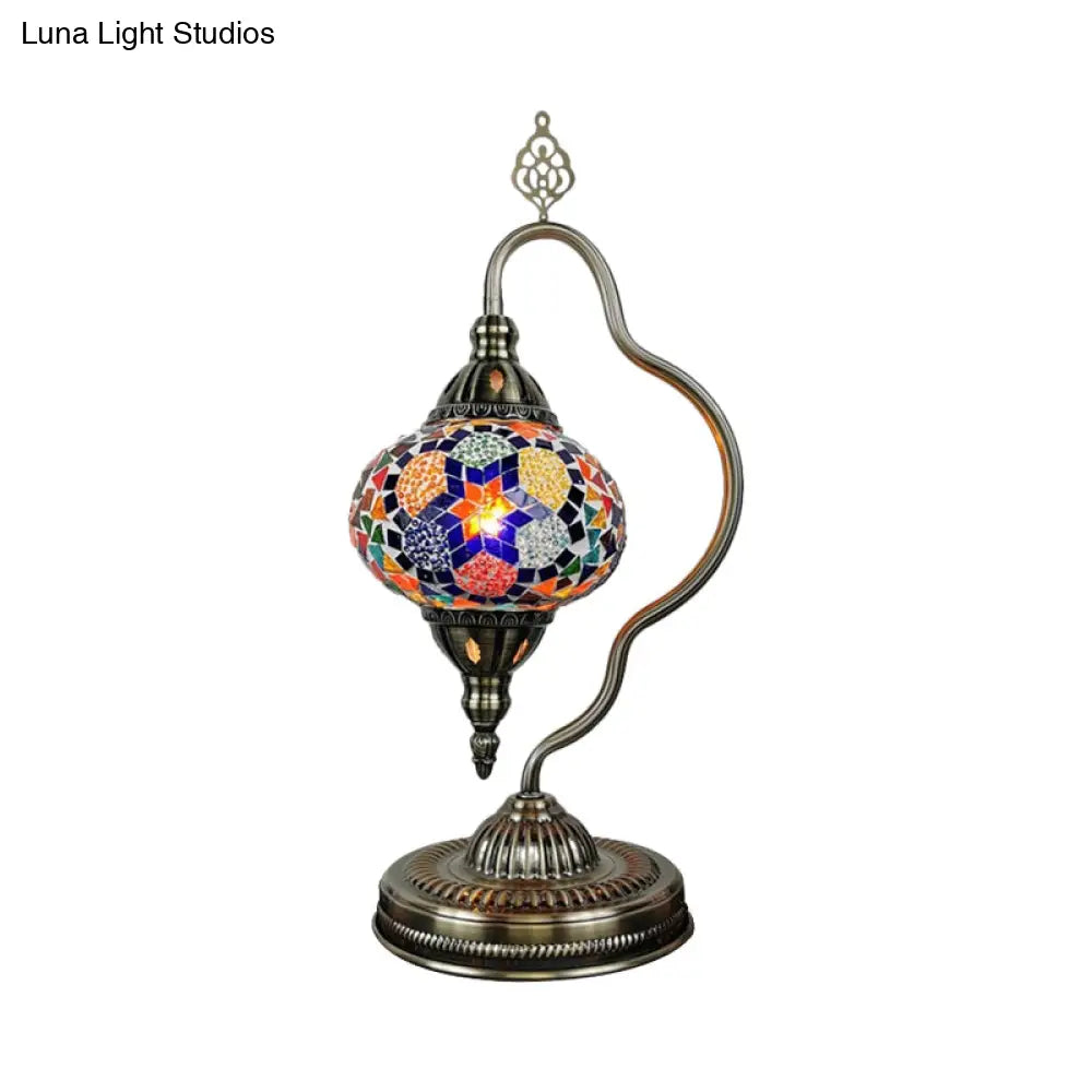 Art Deco Stained Glass Globe Table Lamp With Curvy Arm - White/Red/Yellow