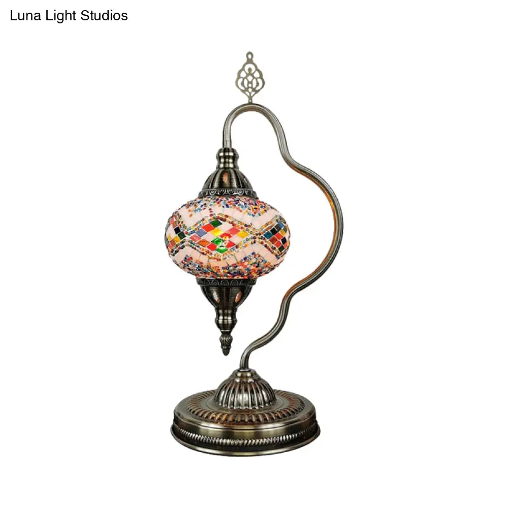 Art Deco Stained Glass Globe Table Lamp With Curvy Arm - White/Red/Yellow