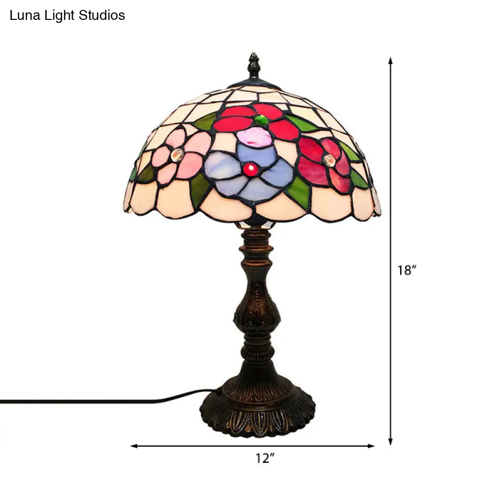 Art Deco Stained Glass Table Lamp With Floral Design And Dome Shade