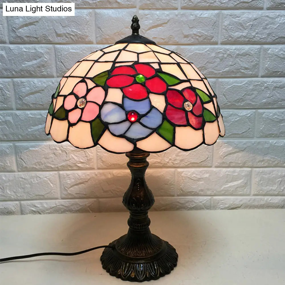 Art Deco Stained Glass Table Lamp With Floral Design And Dome Shade