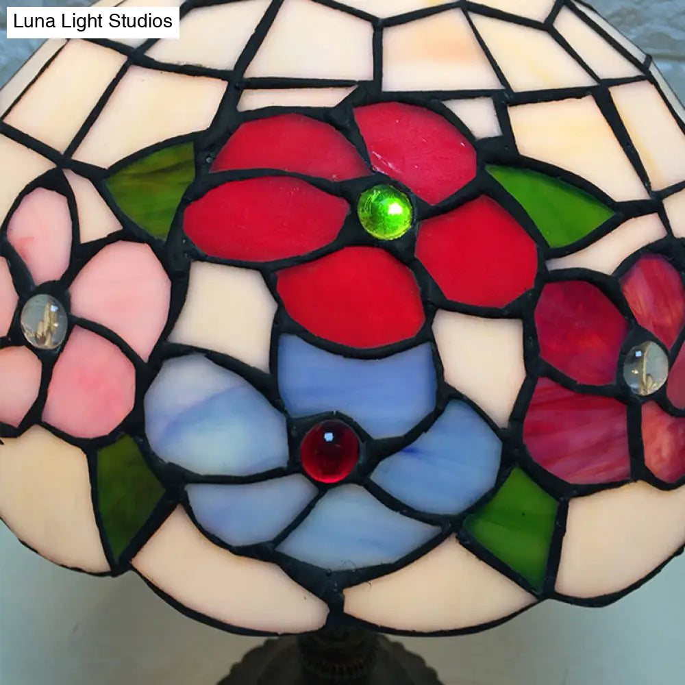 Art Deco Stained Glass Table Lamp With Floral Design And Dome Shade