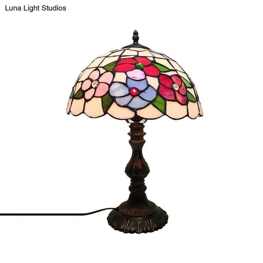 Art Deco Stained Glass Table Lamp With Floral Design And Dome Shade