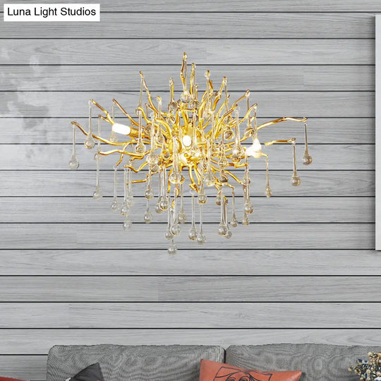 Art Deco Starburst Crystal Wall Sconce With 3 Waterdrop Shades - Gold Finish