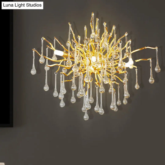 Art Deco Starburst Crystal Wall Sconce With 3 Waterdrop Shades - Gold Finish