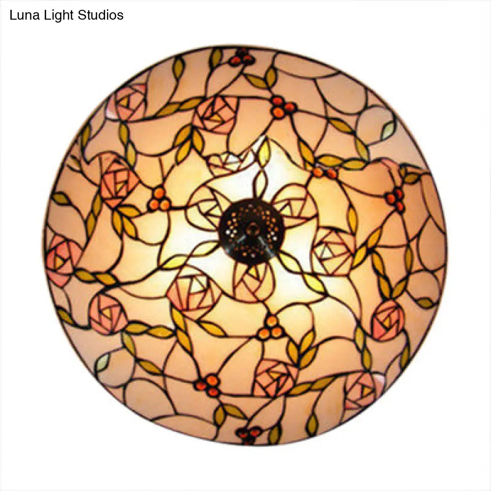 Art Glass Flushmount With Pink Rose And Leaf Lodge Design - 2-Light Decorative Fixture For Bedroom